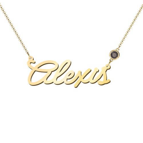 Script Name Necklace with Birthstone – 18K Gold Plated Silver with Smokey Quartz