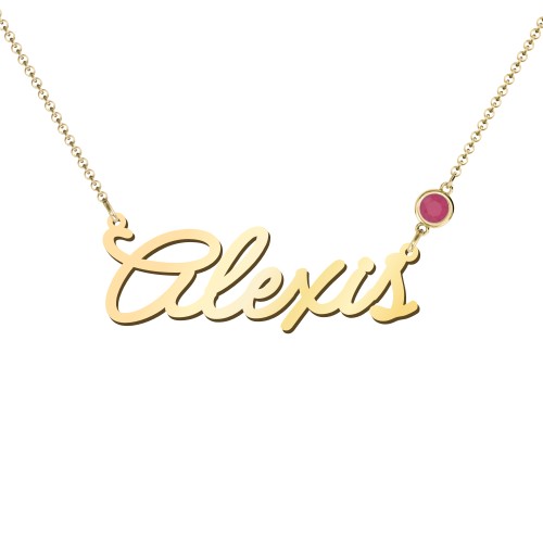 Script Name Necklace with Birthstone – 18K Gold Plated Silver with Ruby