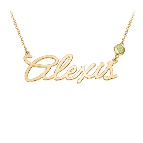 Script Name Necklace with Birthstone – 18K Gold Plated Silver with Peridot