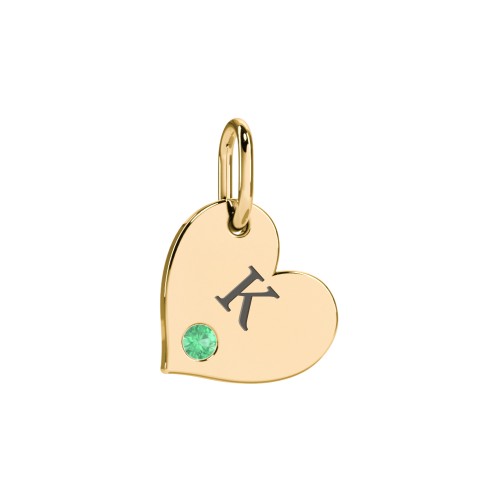 Engravable Sideways Heart Charm – 10K Yellow Gold with Emerald
