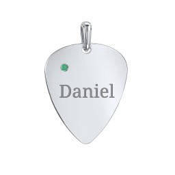 Engravable Guitar Pick Pendant with Gemstone in 925 Sterling Silver with Emerald