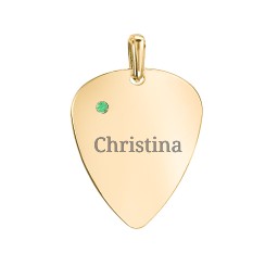 Engravable Guitar Pick Pendant with Gemstone in 10K Solid Yellow Gold with Emerald