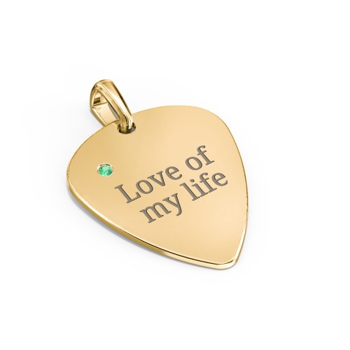 Engravable Guitar Pick Pendant with Gemstone – 10K Yellow Gold with Emerald