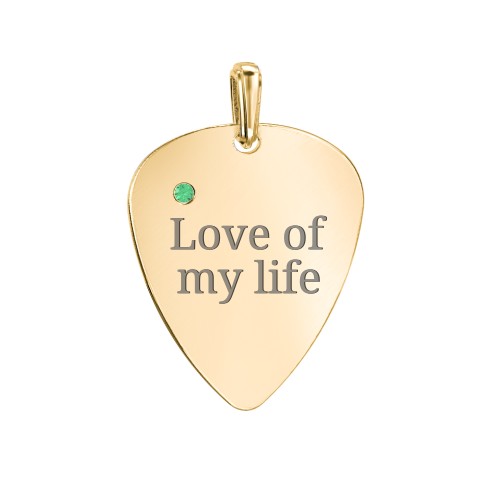 Engravable Guitar Pick Pendant with Gemstone – 10K Yellow Gold with Emerald