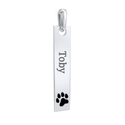 Engravable Long Tag Pendant with Cold Enamel Paw - Black in 925 Sterling Silver