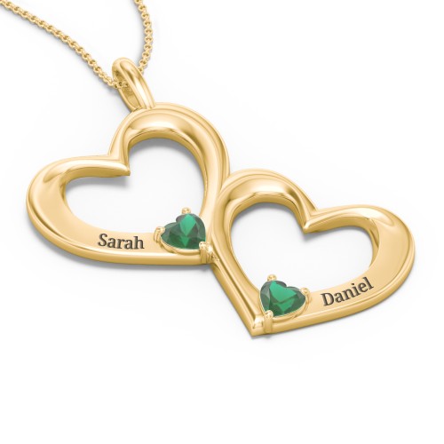 Fusion Hanging Hearts Pendant – 18K Gold Plated Silver with Emerald