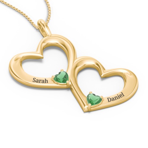 Fusion Hanging Hearts Pendant – 18K Gold Plated Silver with Emerald