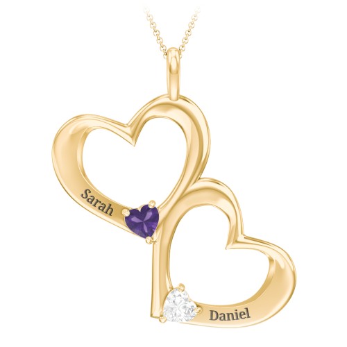 Fusion Hanging Hearts Pendant – 18K Gold Plated Silver with Amethyst and Cubic Zirconia