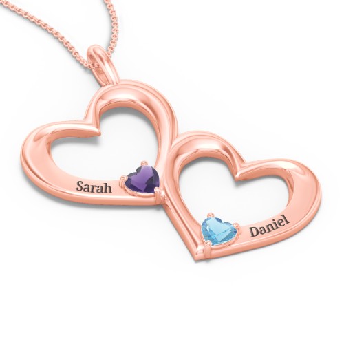 Fusion Hanging Hearts Pendant – 10K Rose Gold with Amethyst and Blue Topaz