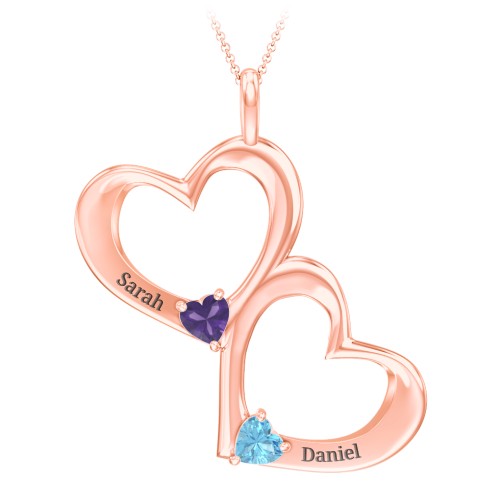 Fusion Hanging Hearts Pendant – 10K Rose Gold with Amethyst and Blue Topaz