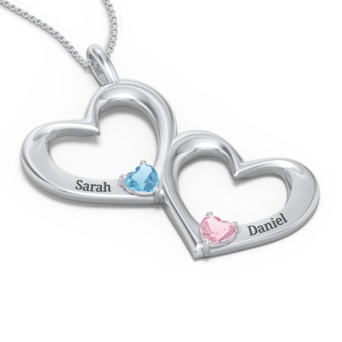 Fusion Hanging Hearts Pendant – Sterling Silver with Blue Topaz and Pink Tourmaline