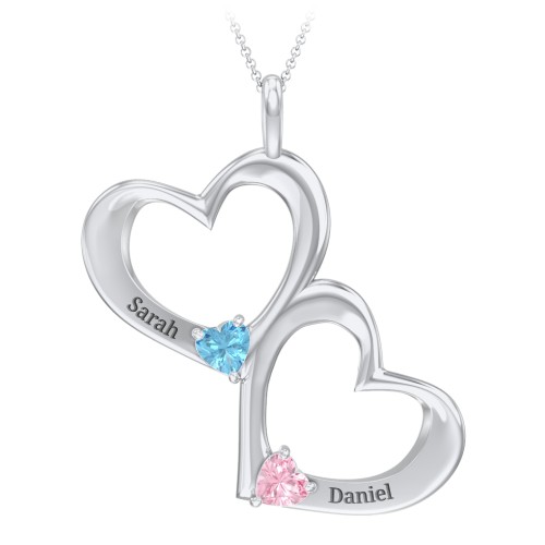 Fusion Hanging Hearts Pendant – Sterling Silver with Blue Topaz and Pink Tourmaline