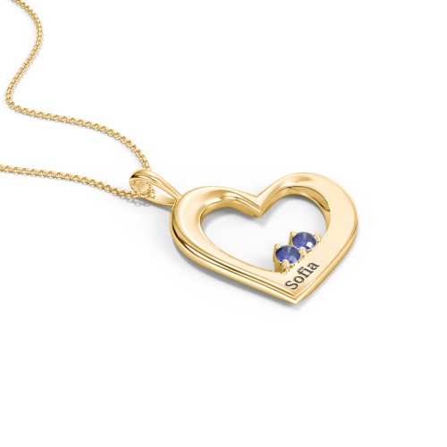 Engravable Tilted Heart 2 Stone Pendant – 18K Gold Plated Silver with Blue Sapphire