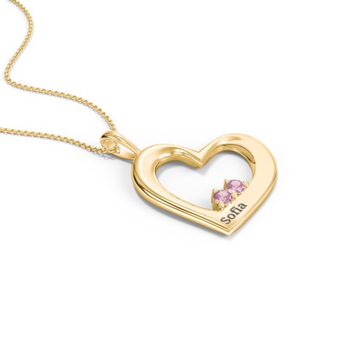 Engravable Tilted Heart 2 Stone Pendant – 18K Gold Plated Silver with Pink Tourmaline