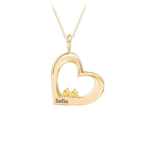 Engravable Tilted Heart 2 Stone Pendant – 18K Gold Plated Silver with Citrine