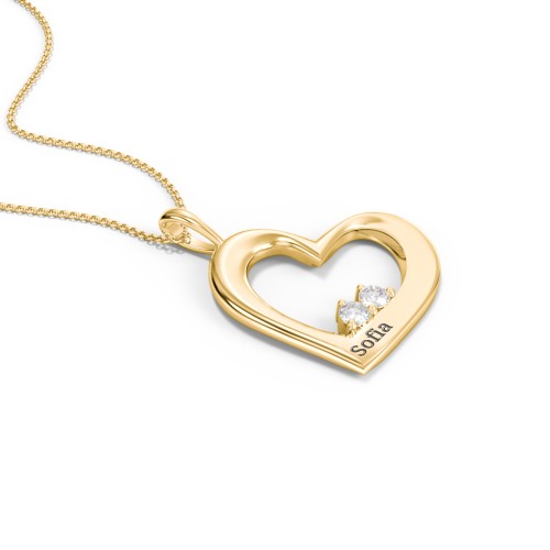 Engravable Tilted Heart 2 Stone Pendant – 10K Yellow Gold with Diamond