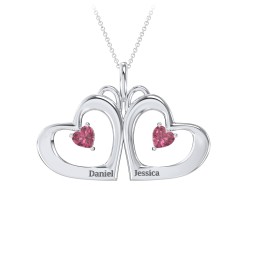 Gemini Touching Hearts Engraved 2 Stone Necklace in 925 Sterling Silver with Pink Tourmaline