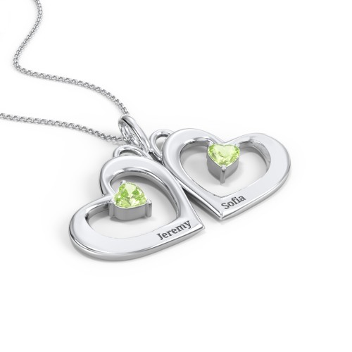 Gemini Touching Hearts Engraved 2 Stone Necklace – Sterling Silver with Peridot