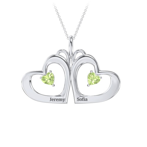 Gemini Touching Hearts Engraved 2 Stone Necklace – Sterling Silver with Peridot