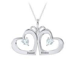 Gemini Touching Hearts Engraved 2 Stone Necklace in 925 Sterling Silver with Aquamarine