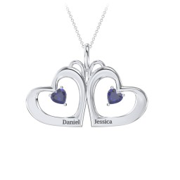 Gemini Touching Hearts Engraved 2 Stone Necklace in 925 Sterling Silver with Blue Sapphire