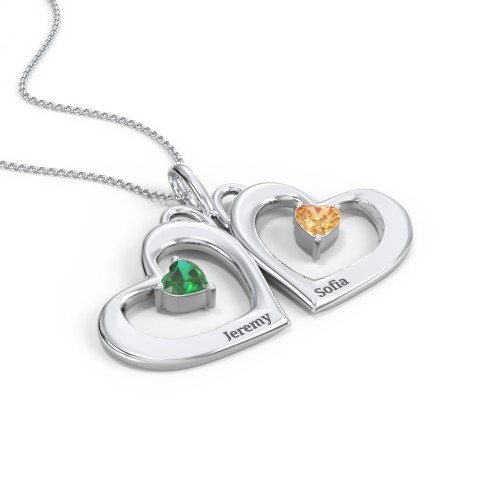 Gemini Touching Hearts Engraved 2 Stone Necklace – Sterling Silver with Emerald and Citrine