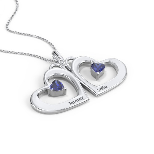 Gemini Touching Hearts Engraved 2 Stone Necklace – Sterling Silver with Blue Sapphire