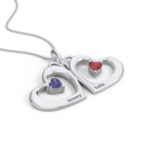 Gemini Touching Hearts Engraved 2 Stone Necklace – Sterling Silver with Blue Sapphire and Garnet