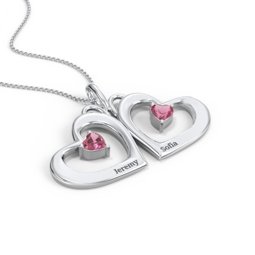 Gemini Touching Hearts Engraved 2 Stone Necklace – Sterling Silver with Pink Tourmaline