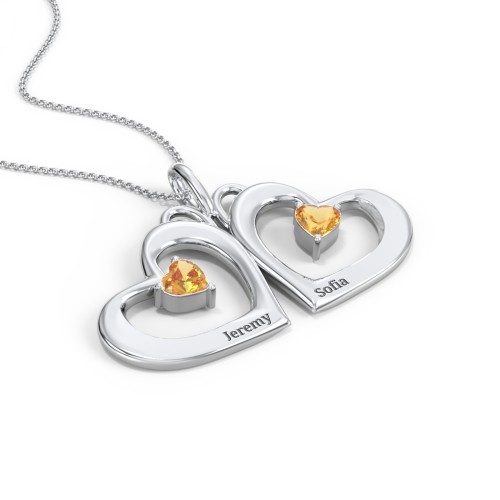 Gemini Touching Hearts Engraved 2 Stone Necklace – Sterling Silver with Citrine