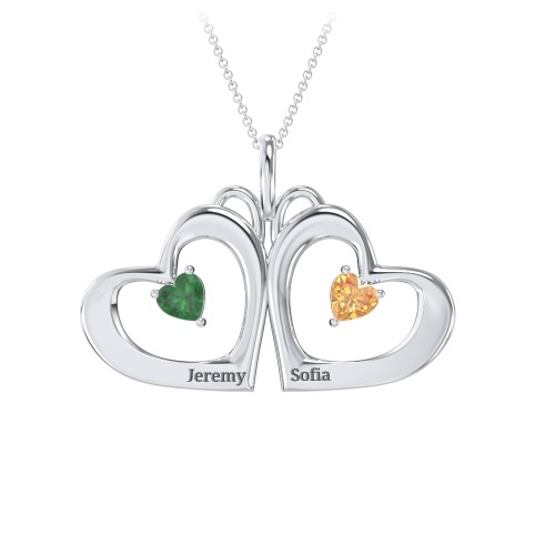 Gemini Touching Hearts Engraved 2 Stone Necklace – Sterling Silver with Emerald and Citrine