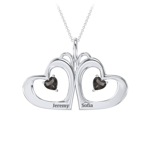 Gemini Touching Hearts Engraved 2 Stone Necklace – Sterling Silver with Smokey Quartz