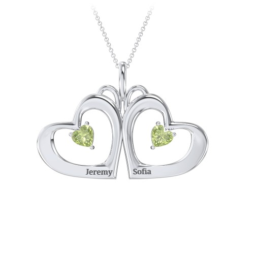 Gemini Touching Hearts Engraved 2 Stone Necklace – Sterling Silver with Peridot