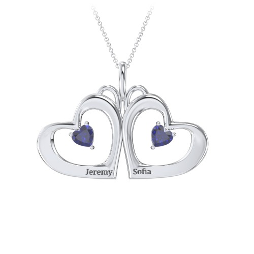 Gemini Touching Hearts Engraved 2 Stone Necklace – Sterling Silver with Blue Sapphire