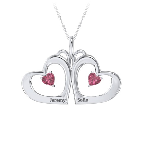 Gemini Touching Hearts Engraved 2 Stone Necklace – Sterling Silver with Pink Tourmaline