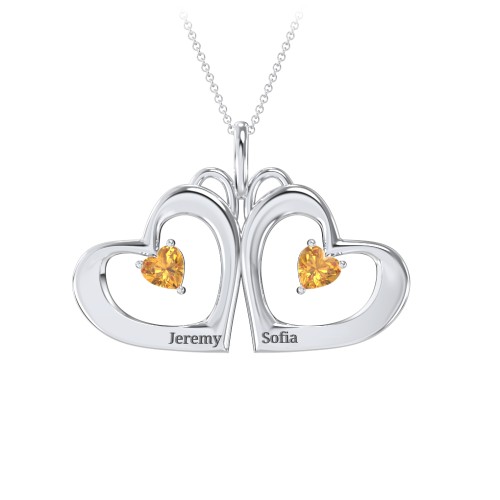 Gemini Touching Hearts Engraved 2 Stone Necklace – Sterling Silver with Citrine
