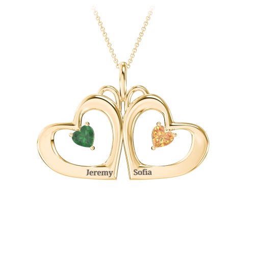 Gemini Touching Hearts Engraved 2 Stone Necklace – 10K Yellow Gold with Emerald and Citrine