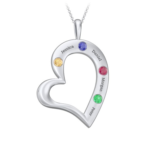 Mi Familia Tilted Heart Pendant – Sterling Silver with Citrine, Blue Sapphire, Ruby, and Emerald