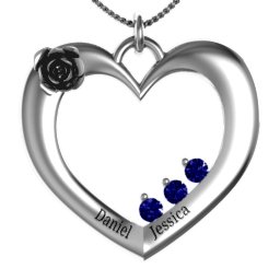 Corsage Rose Heart Pendant with Birthstones in 925 Sterling Silver with Blue Sapphire, Amethyst, Emerald, Ruby, and Cubic Zirconia