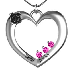 Corsage Rose Heart Pendant with Birthstones in 925 Sterling Silver with Pink Tourmaline, Amethyst, Blue Sapphire, Emerald, Ruby, and Cubic Zirconia