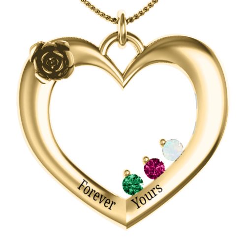 Corsage Rose Heart Pendant with Birthstones – 10K Yellow Gold with Emerald, Ruby, and Opal
