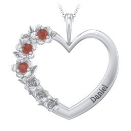 Clustered Rose and Gemstone Heart Pendant in 925 Sterling Silver with Garnet