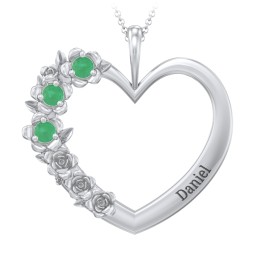 Clustered Rose and Gemstone Heart Pendant in 925 Sterling Silver with Emerald