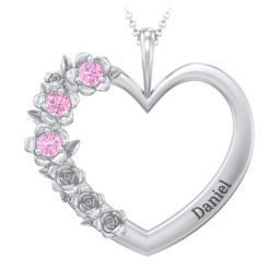 Clustered Rose and Gemstone Heart Pendant in 925 Sterling Silver with Pink Sapphire