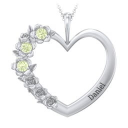 Clustered Rose and Gemstone Heart Pendant in 925 Sterling Silver with Peridot