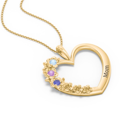 Clustered Rose and Gemstone Heart Pendant – 10K Yellow Gold with Blue Topaz, Amethyst, and Blue Sapphire