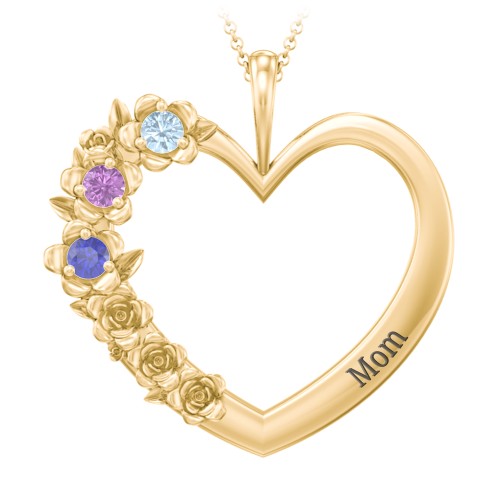Clustered Rose and Gemstone Heart Pendant – 10K Yellow Gold with Blue Topaz, Amethyst, and Blue Sapphire