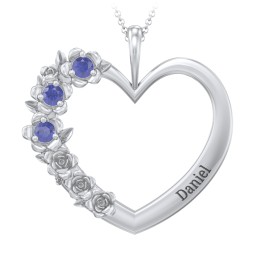 Clustered Rose and Gemstone Heart Pendant in 925 Sterling Silver with Blue Sapphire