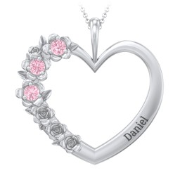 Clustered Rose and Gemstone Heart Pendant in 925 Sterling Silver with Pink Tourmaline