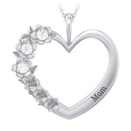 Clustered Rose and Gemstone Heart Pendant in 925 Sterling Silver with Diamond